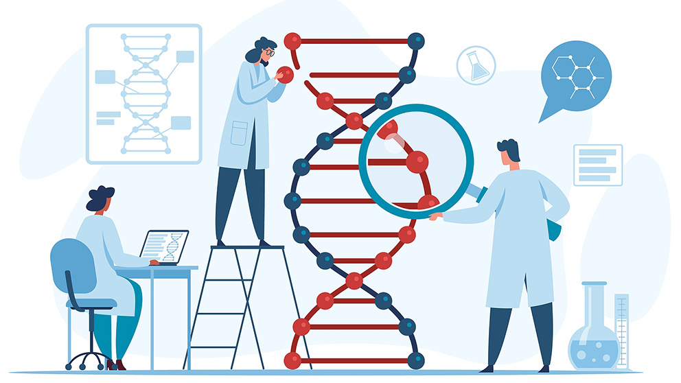 Scientists working in a genetics lab in an artist representation. 