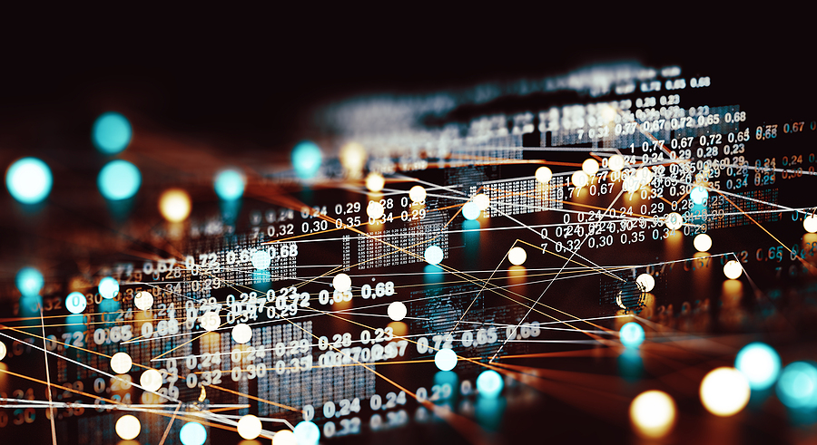 Rendering of data analysis represented by dots, numbers, and lines.