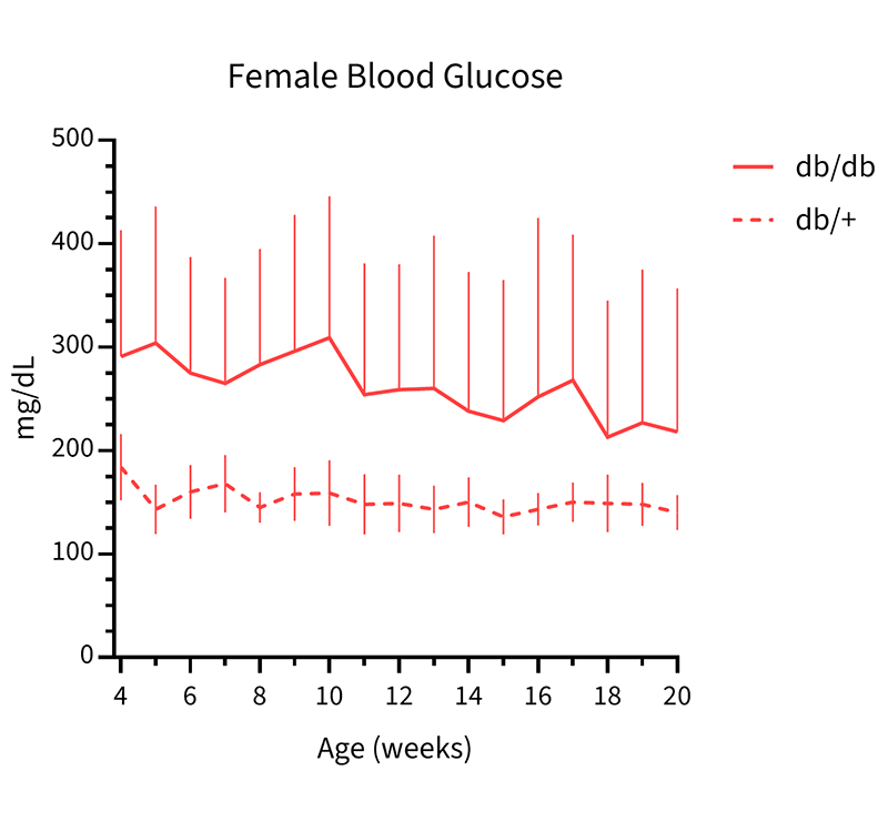 Female Mice Non-fasted Blood Glucose Info - JAX® Mice Strain B6.BKS(D)-Leprdb/J (000697)