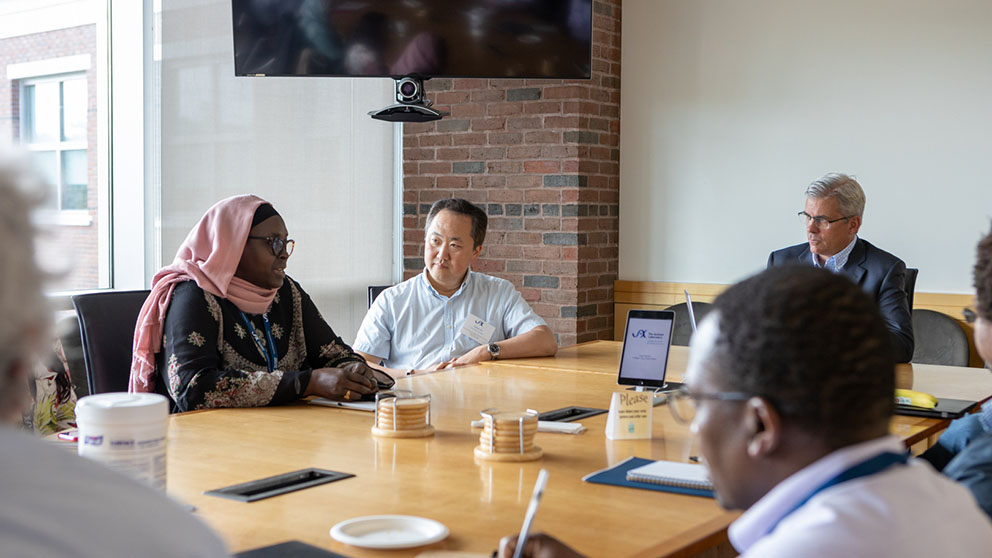 (l to r) Rokhaya Ndiaye, PhD, Département de Pharmacie, UCAD, Sénégal; Charles Lee, Ph.D., FACMG, Scientific Director and Professor, The Jackson Laboratory for Genomic Medicine, Robert Alvine Family Endowed Chair.; Lon Cardon, Ph.D., FMedSci, President and CEO, The Jackson Laboratory.