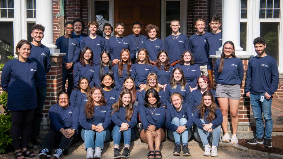 The 2023 JAX summer student class outside the Highseas estate on the Bar Harbor campus.