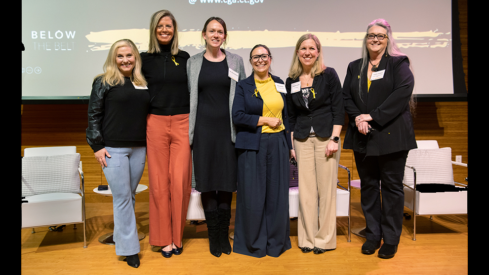 L-R: WFSB-TV host Kara Sundlun,“Below the Belt” director Shannon Cohn, Connecticut state Rep. Jillian Gilchrest, JAX researcher Elise Courtois, Ph.D., UConn Health’s Danielle Luciano, M.D., and Board Certified Patient Advocate Heather Guidone. Photo credit: Cloe Poisson