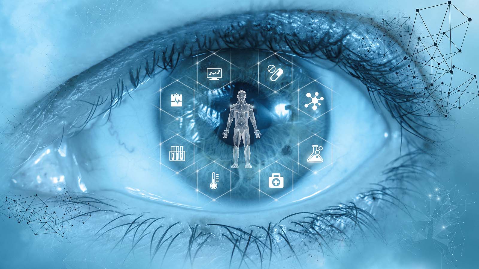 A rendering of an eyeball in blue overlaid with data points representing scientific research