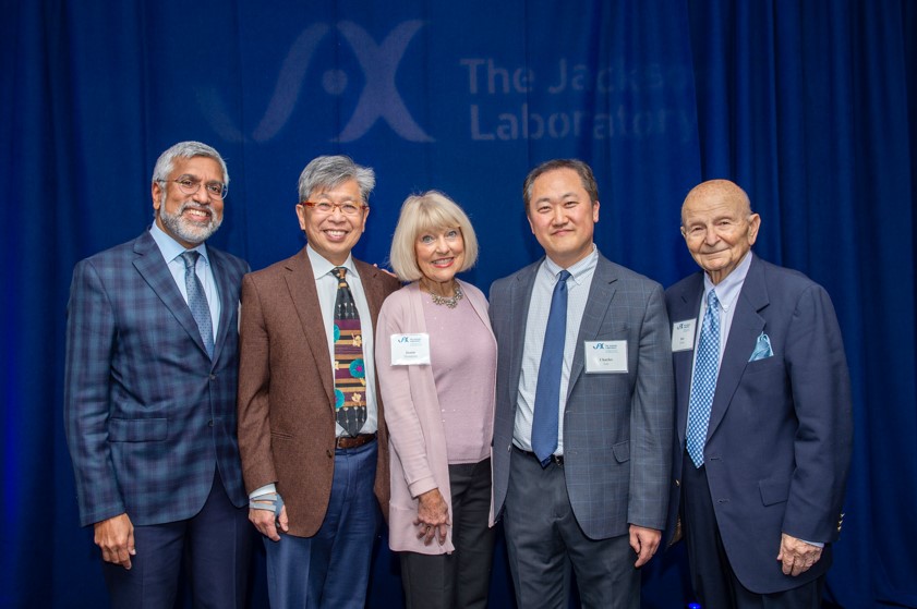 Auro Nair, Ph.D., executive vice president of JAX and president, JMCRS; JAX Professor Edison T. Liu, M.D.; JAX donor Joann Thompson; Charles Lee, Ph.D., FACMG, scientific director and professor, JAX-GM; Robert Alvine, JAX donor and chair emeritus of the JAX Board of Trustees