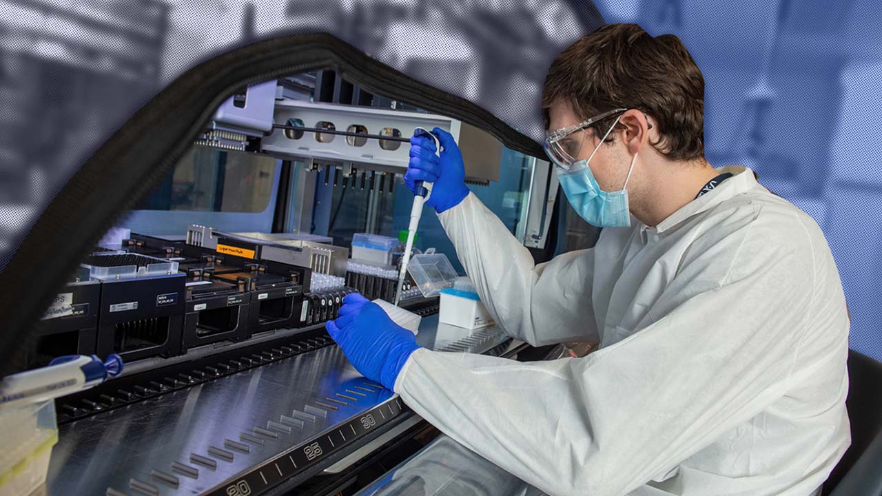 A researcher at work in the CLIA-certified Clinical Genomics laboratory at the JAX Genomic Medicine campus in Farmington, CT.