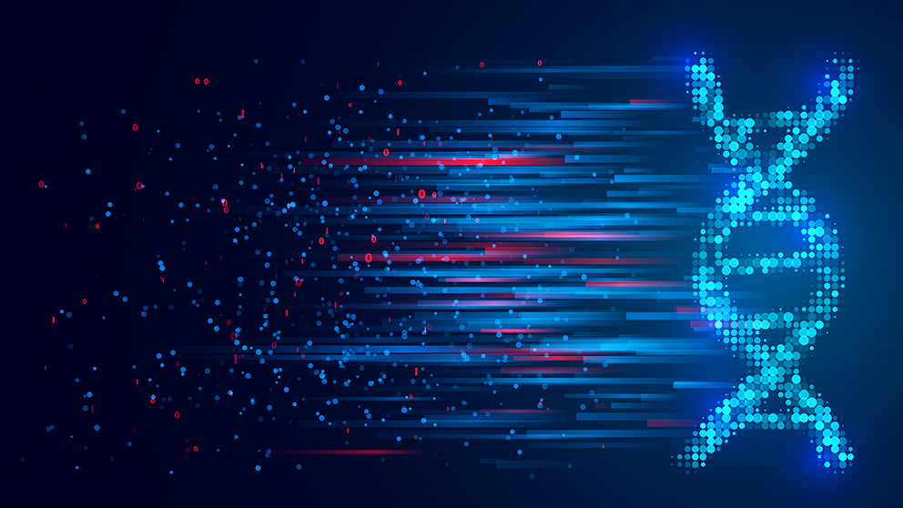 An abstract illustration depicting a DNA strand breaking into parts of data.