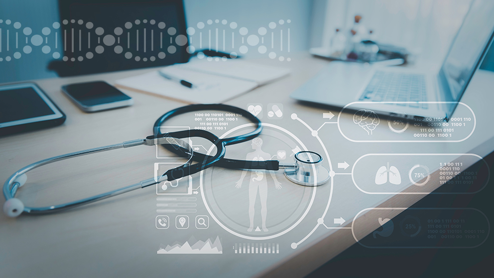 An illustration depicting a doctor's office with an technological overlay analyzing patients vitals.