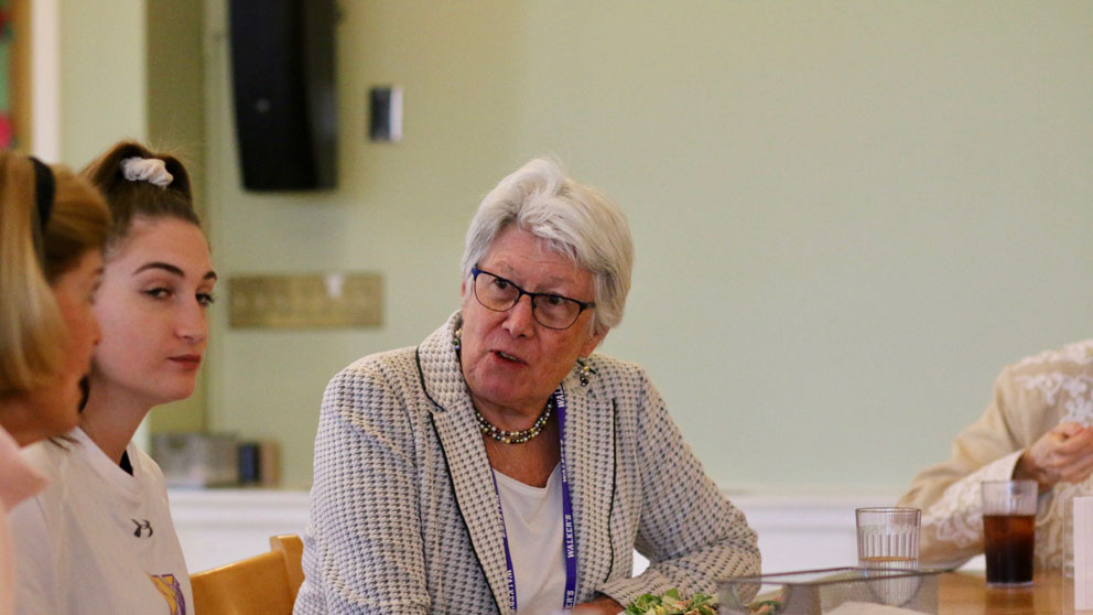 Ann Bresnahan, a longtime supporter of the Laboratory, meets with seniors during her 50th high school reunion at The Ethel Walker School.