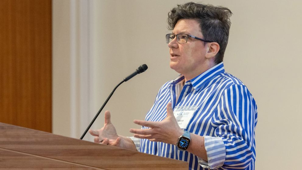 The Jackson Laboratory Associate Professor and Alzheimer's researcher Kristen O'Connell, Ph.D., speaks to an audience in Farmington, Conn.