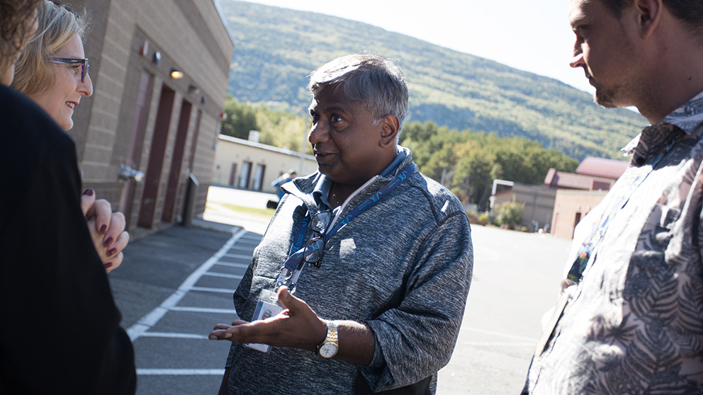 Aamir Zuberi (center) leads a tour with Mary Jo Kutler and Teri Koerner with the Snyder Robinson Foundation. September 2019. Photo credit: Tiffany Laufer